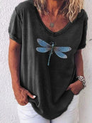 Casual V-Neck Dragonfly Print Short Sleeve Tee for Women