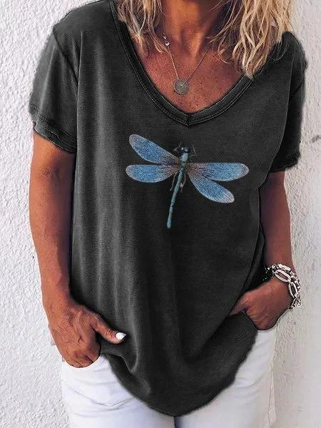 Casual V-Neck Dragonfly Print Short Sleeve Tee for Women