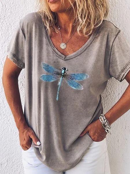 Casual V-Neck Dragonfly Print Short Sleeve Tee for Women