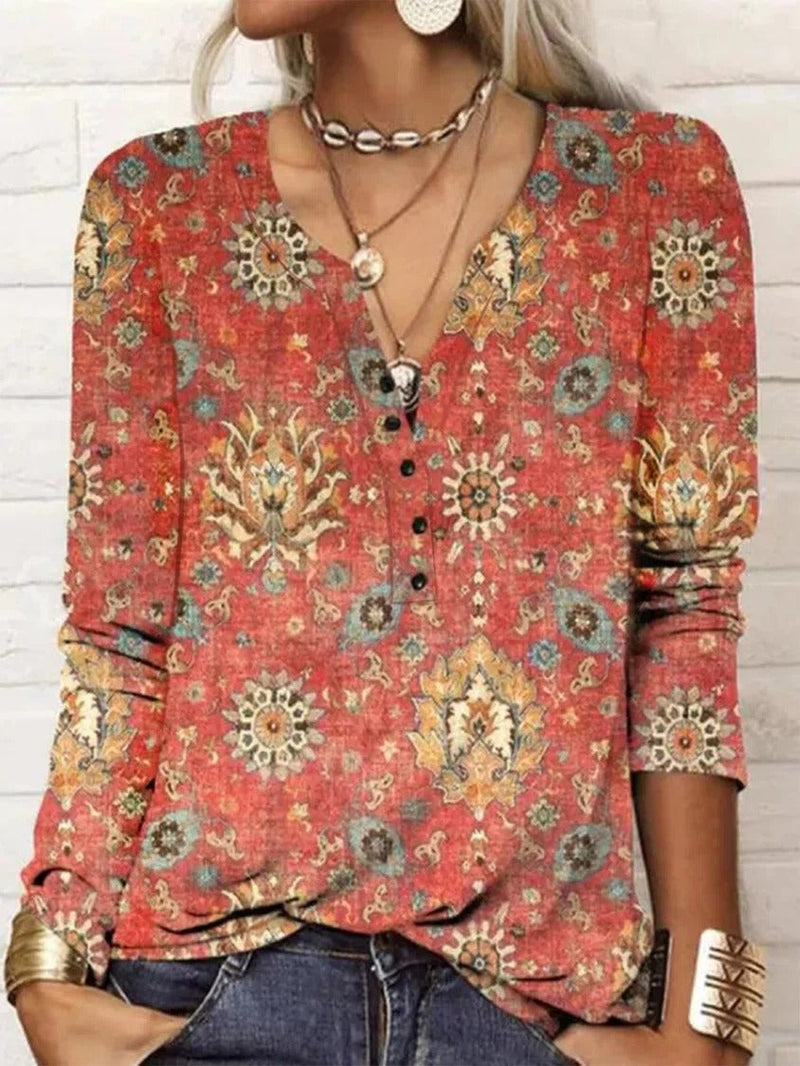 Vintage Floral Print Long Sleeve Henley Top for Women