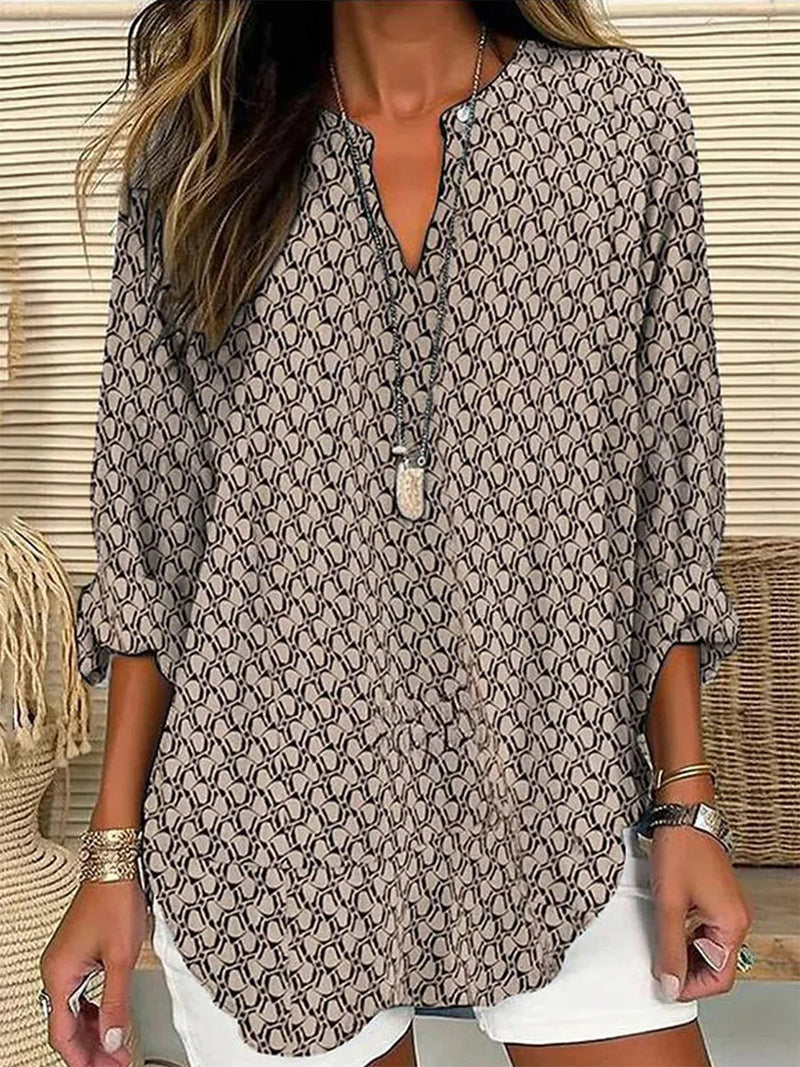 Geometric Print Relaxed Long Sleeve Blouse for Women