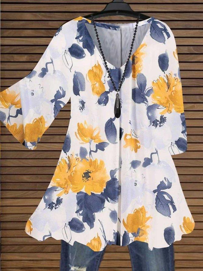 V-Neck Floral Print Relaxed 3/4 Sleeve Tunic Top for Women