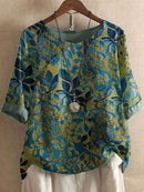 Vintage Leaf Print Half Sleeve Relaxed Casual Blouse for Women