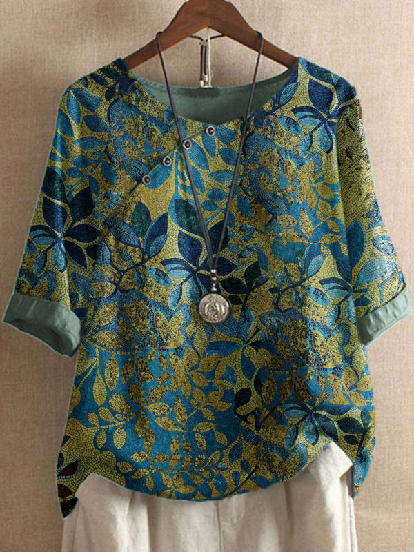 Vintage Leaf Print Half Sleeve Relaxed Casual Blouse for Women