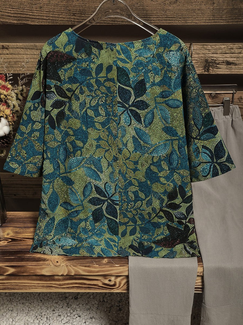 Vintage Leaf Print Half Sleeve Relaxed Casual Blouse for Women