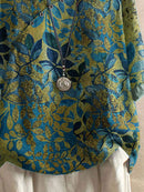 Vintage Leaf Print Half Sleeve Relaxed Casual Blouse for Women