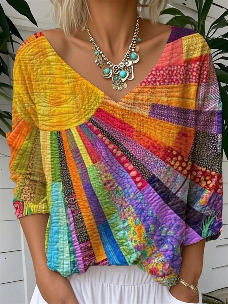 Colorful Patchwork V-Neck Long Sleeve Relaxed Blouse for Women
