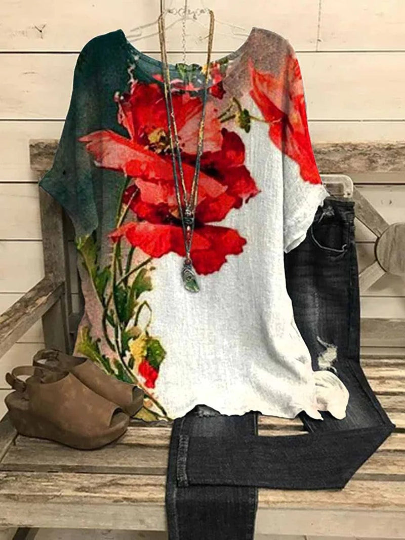 Floral Print Short Sleeve Relaxed Casual Summer Top for Women