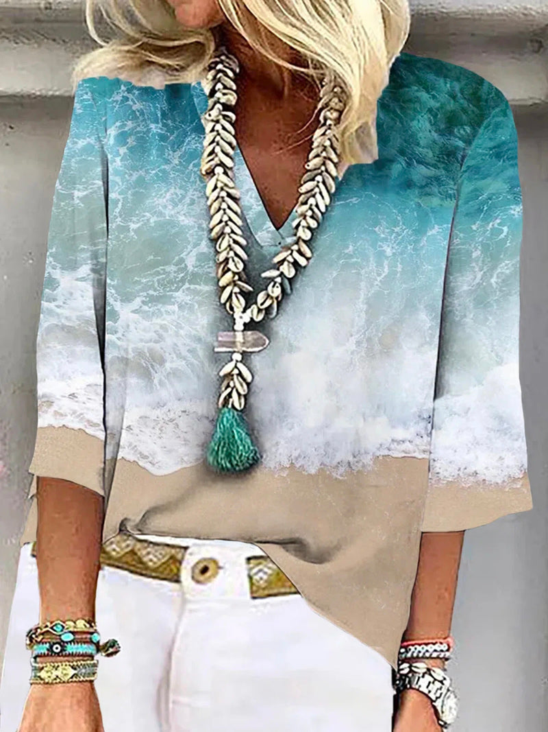 V-Neck Ocean Wave Print Casual Relaxed 3/4 Sleeve Top for Women