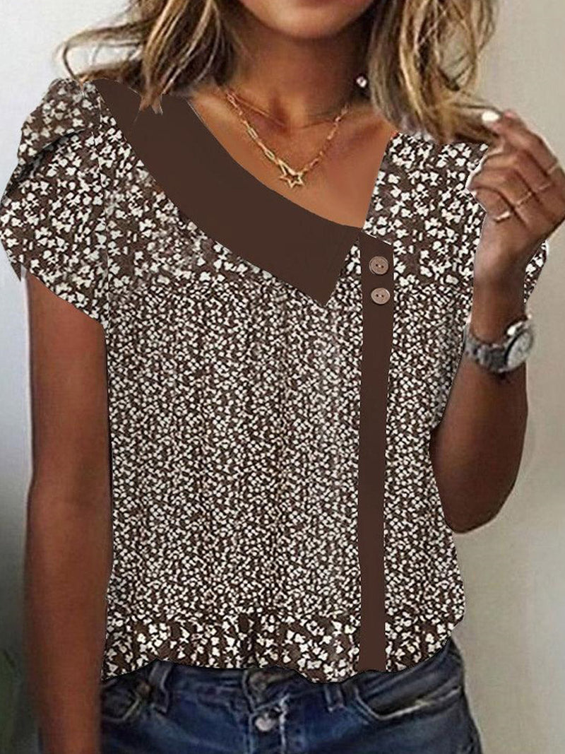 Floral Print Short Sleeve Asymmetric Neck Button Blouse for Women