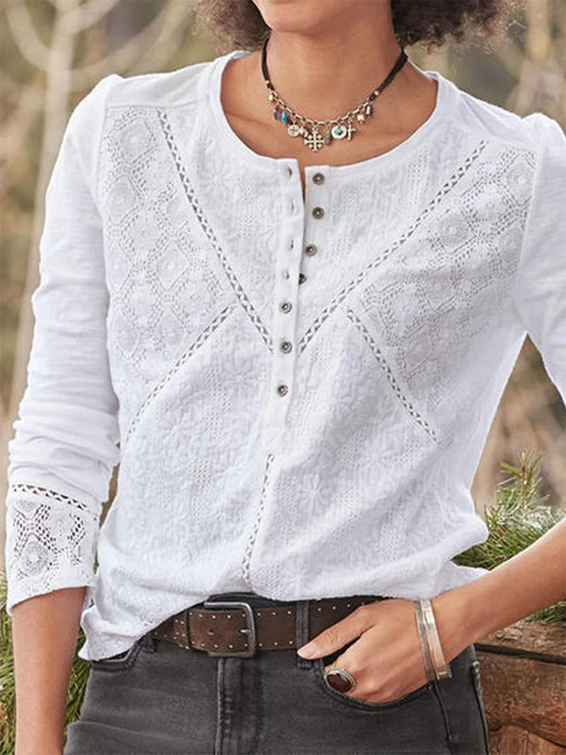 White Lace Patchwork Round Neck Long Sleeve Top for Women