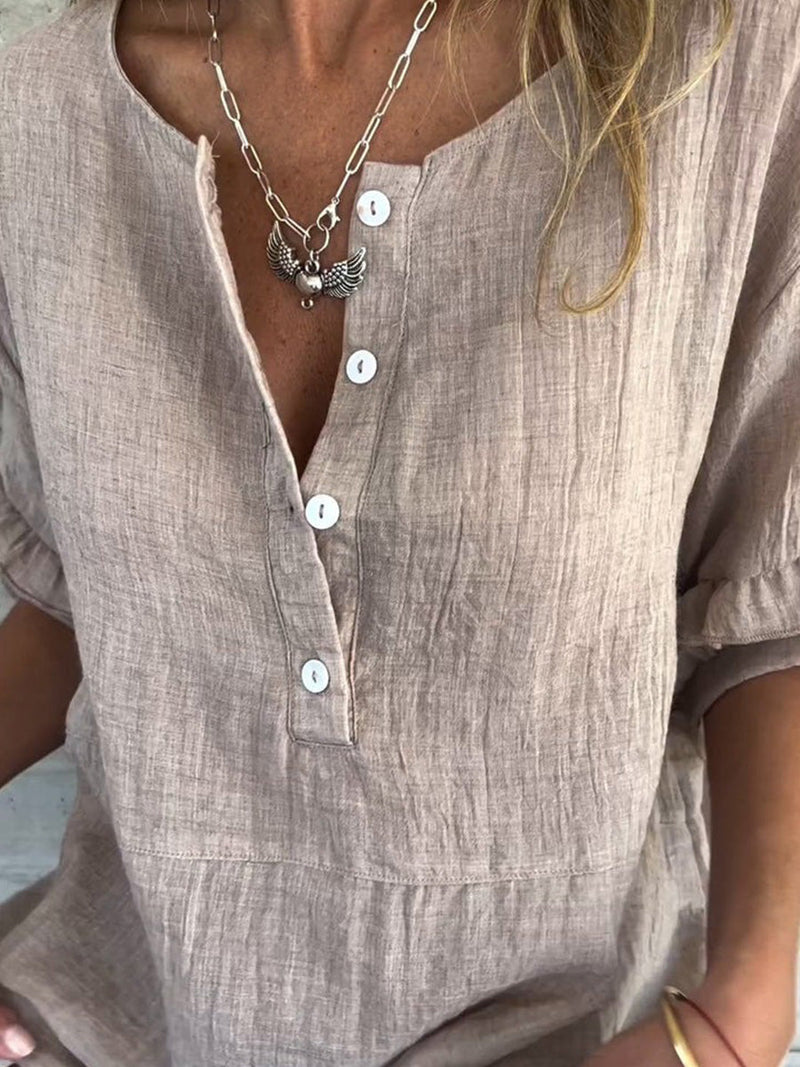 Casual Relaxed Front-Button Roll Sleeve Tie Hem Blouse for Women