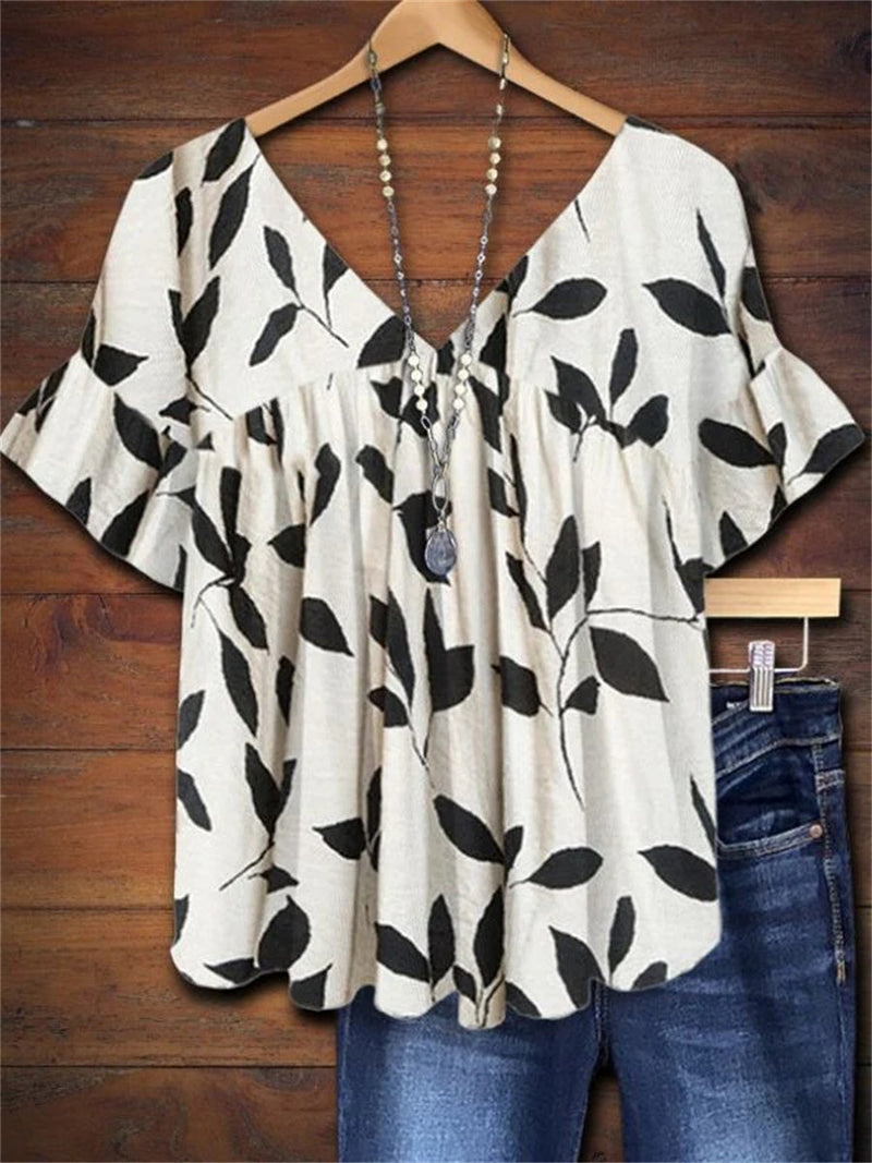 V-Neck Leaf Print Relaxed Short Sleeve Blouse for Women