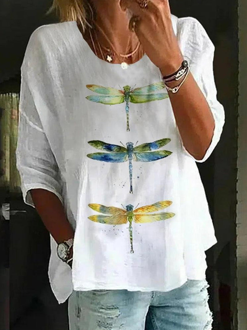Dragonfly Print Casual Relaxed Short Sleeve Top for Women