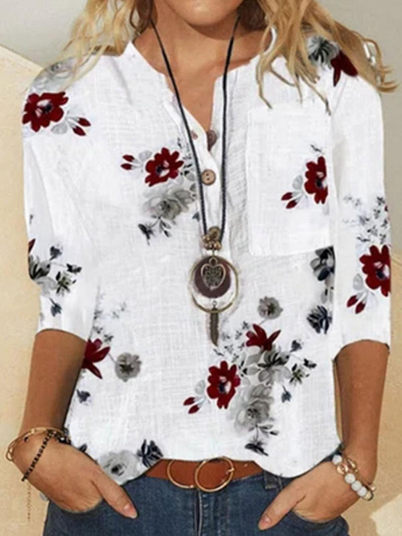Floral Print V-Neck 3/4 Sleeve Casual Blouse for Women