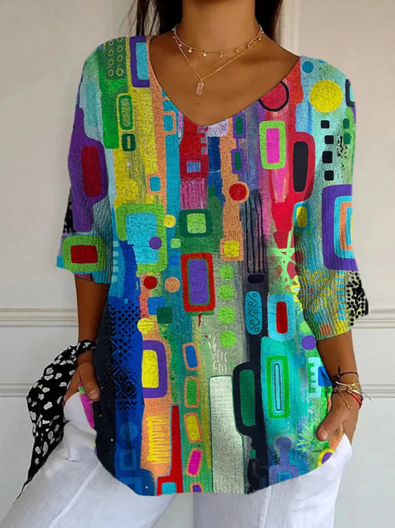 Casual Abstract Print V-Neck 3/4 Sleeve Relaxed Top for Women