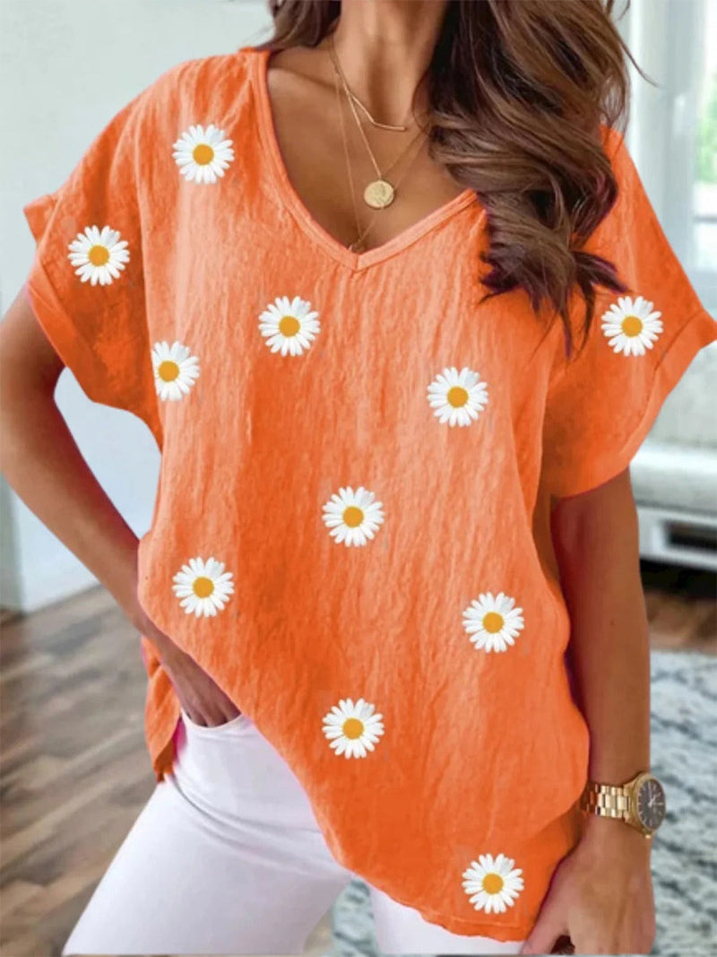 Orange Daisy Print V-Neck Short Sleeve Casual Blouse for Women