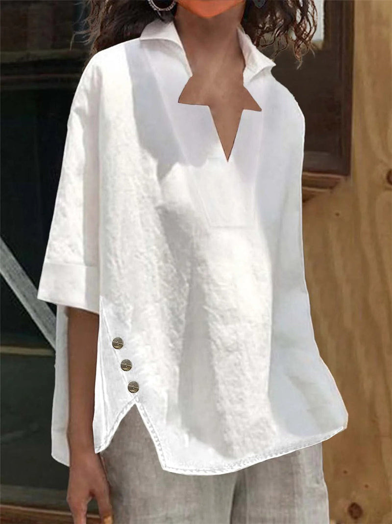 Casual V-Neck 3/4 Sleeve Relaxed Cotton Blouse for Women