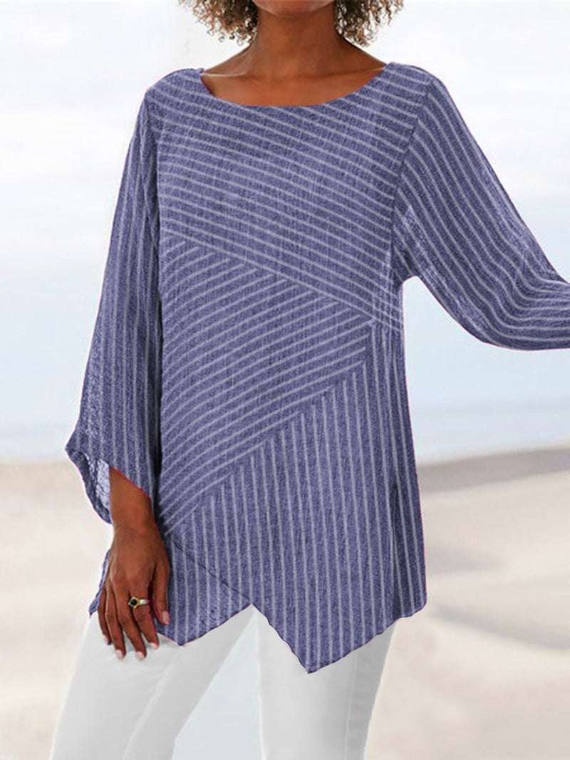 Casual Striped Asymmetric Hem Relaxed Long Sleeve Top for Women