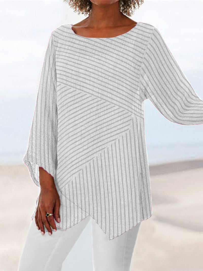 Casual Striped Asymmetric Hem Relaxed Long Sleeve Top for Women