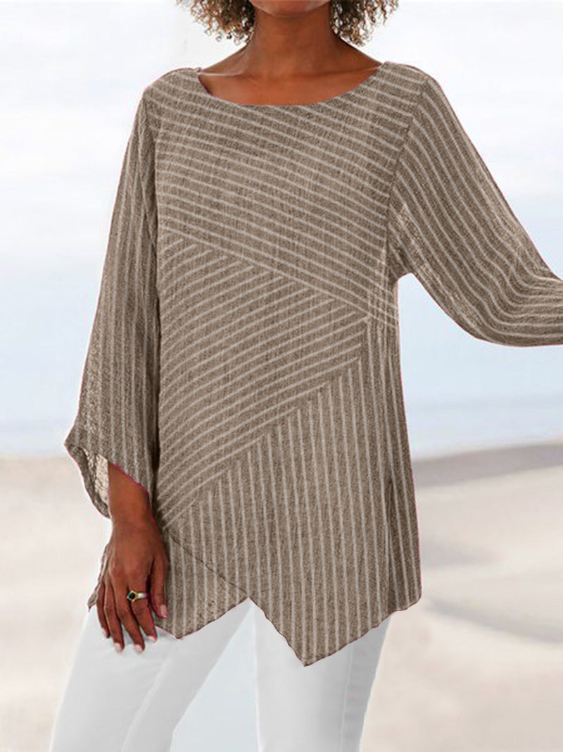 Casual Striped Asymmetric Hem Relaxed Long Sleeve Top for Women