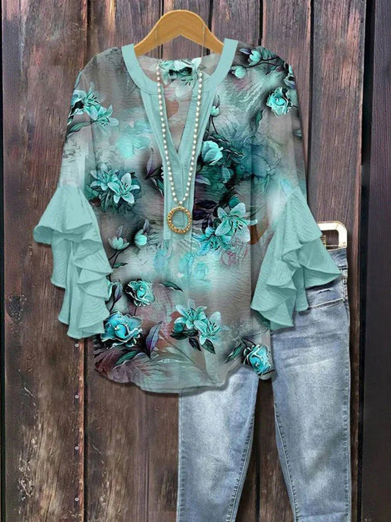 Vintage Floral Print V-Neck Half Sleeve Blouse for Women