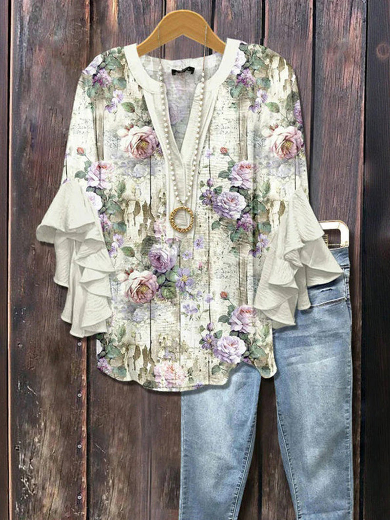 Casual Floral Print V-Neck Half Sleeve Blouse for Women