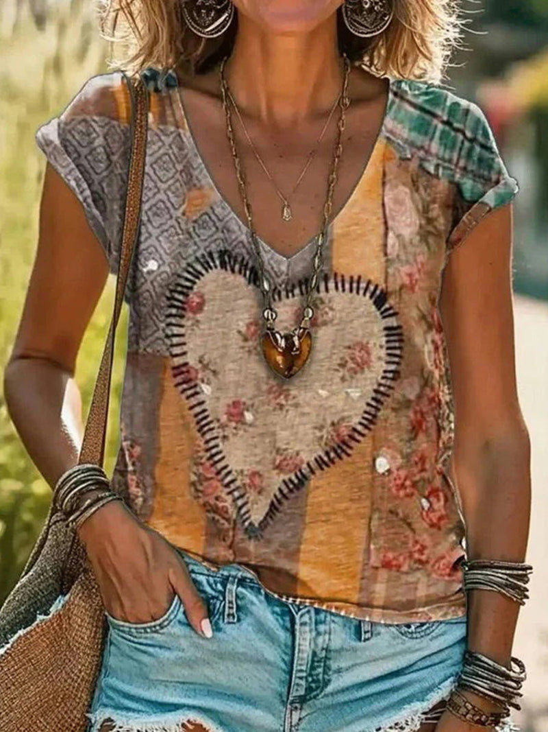 Vintage Heart Print V-Neck Short Sleeve T-Shirt for Women