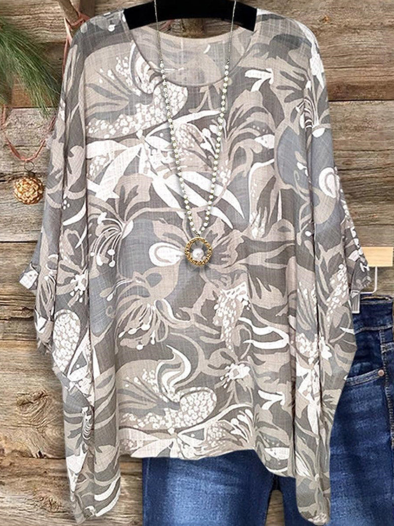 Casual Gray Round Neck 3/4 Sleeve Top for Women