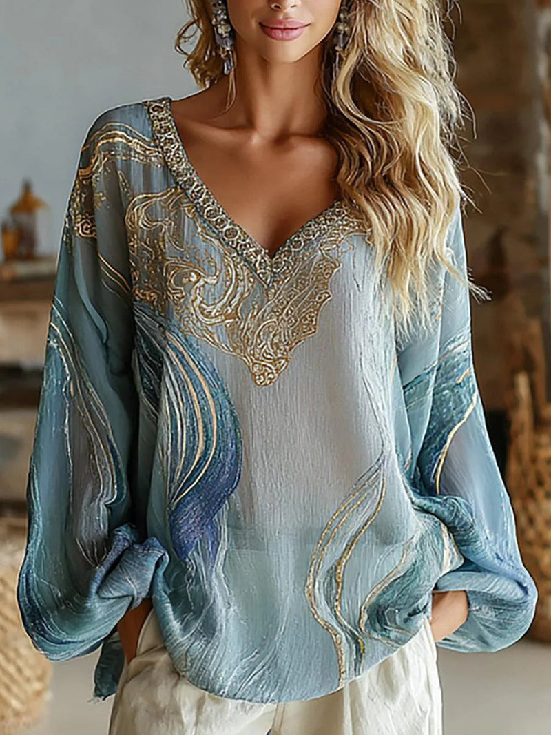 Blue Long Sleeve V-Neck Top for Women