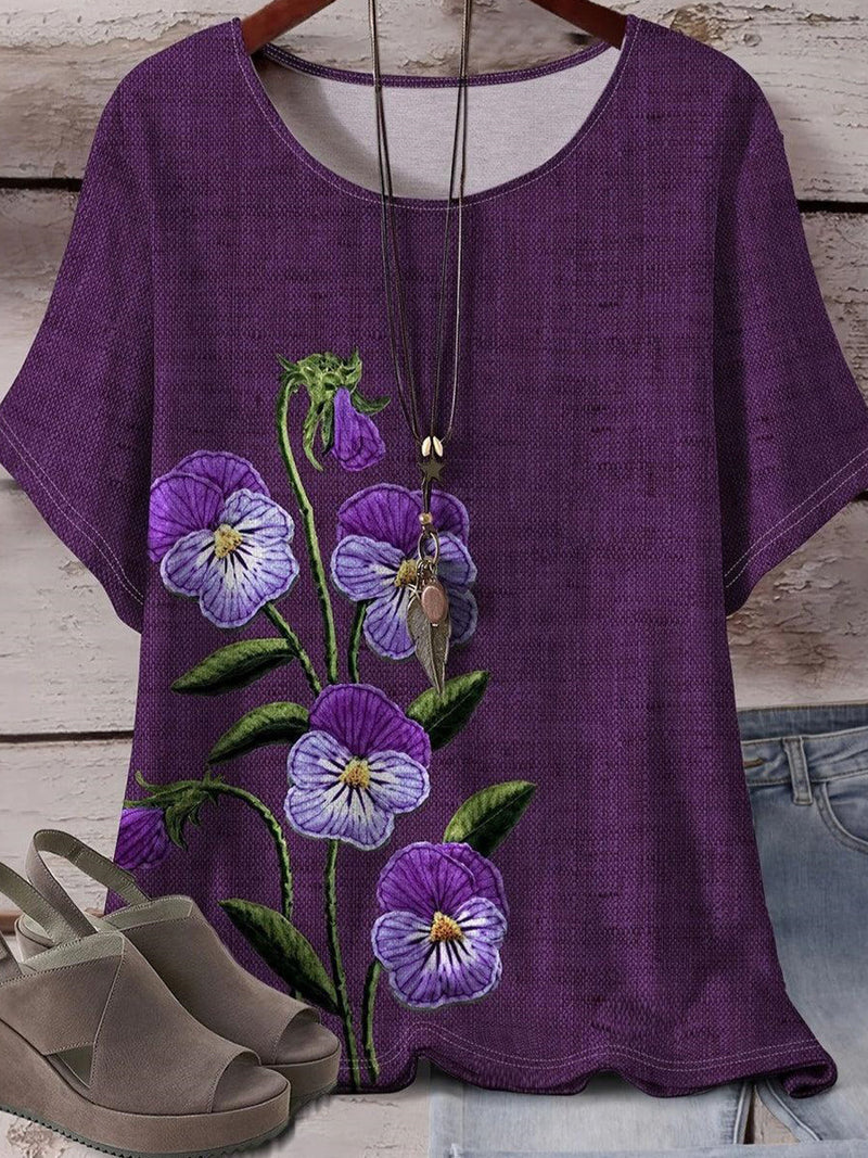 Purple Round Neck Short Sleeve Top for Women