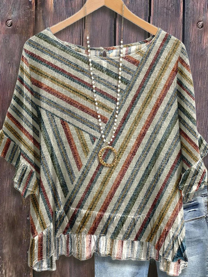Classy Round Neck 3/4 Sleeve Striped Print Top for Women