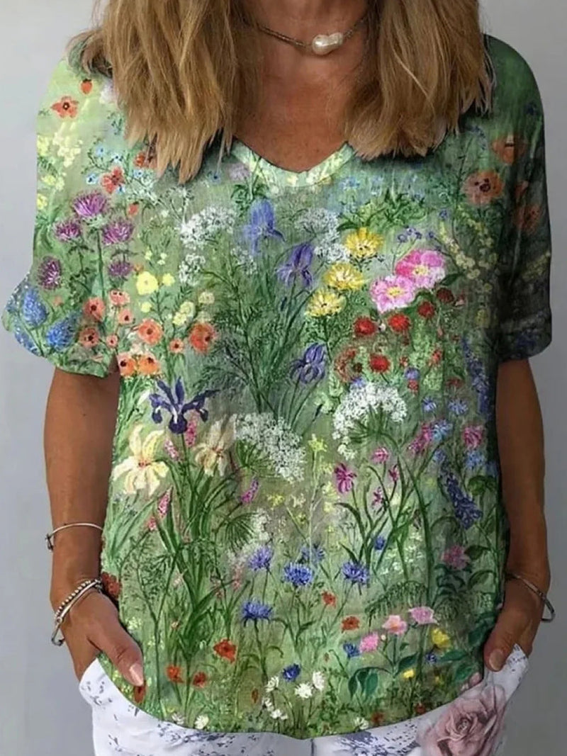 Youthful Floral Print Short Sleeve Top for Women