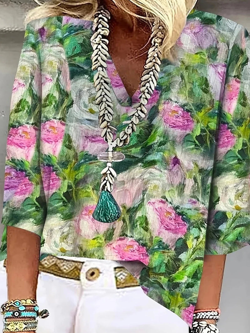 Stylish Floral Print V-Neck 3/4 Sleeve Top for Women