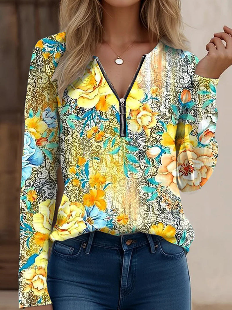 Stylish Floral Print Zip V-Neck Long Sleeve Top for Women