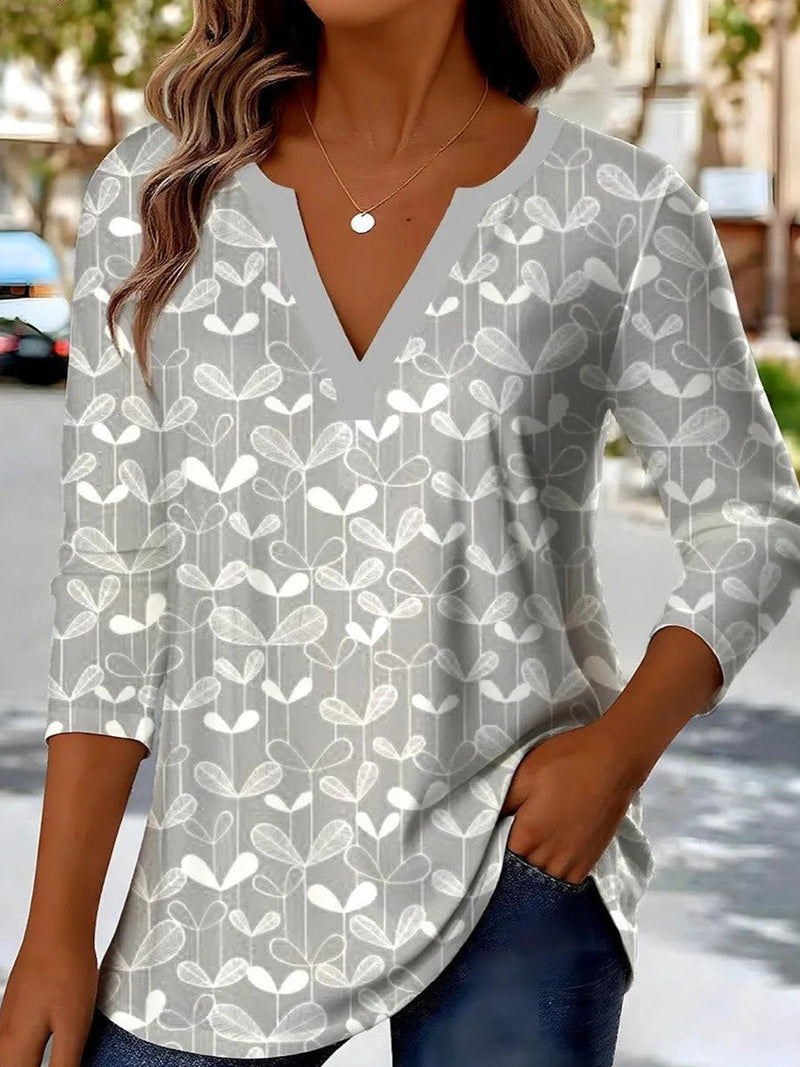 Gray Long Sleeve V-Neck Top for Women