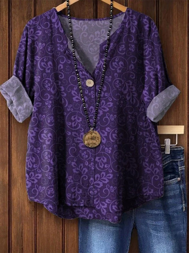 Vintage Ethnic Print Short Sleeve Blouse for Women