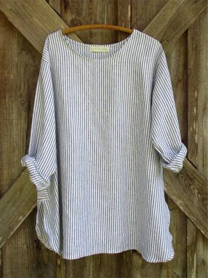 Stripe Crew Neck Long Sleeve Blouse for Women