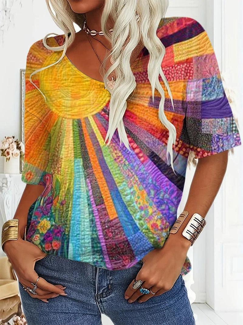 Colorful Sunlight Print V-Neck Short Sleeve Relaxed Tee for Women