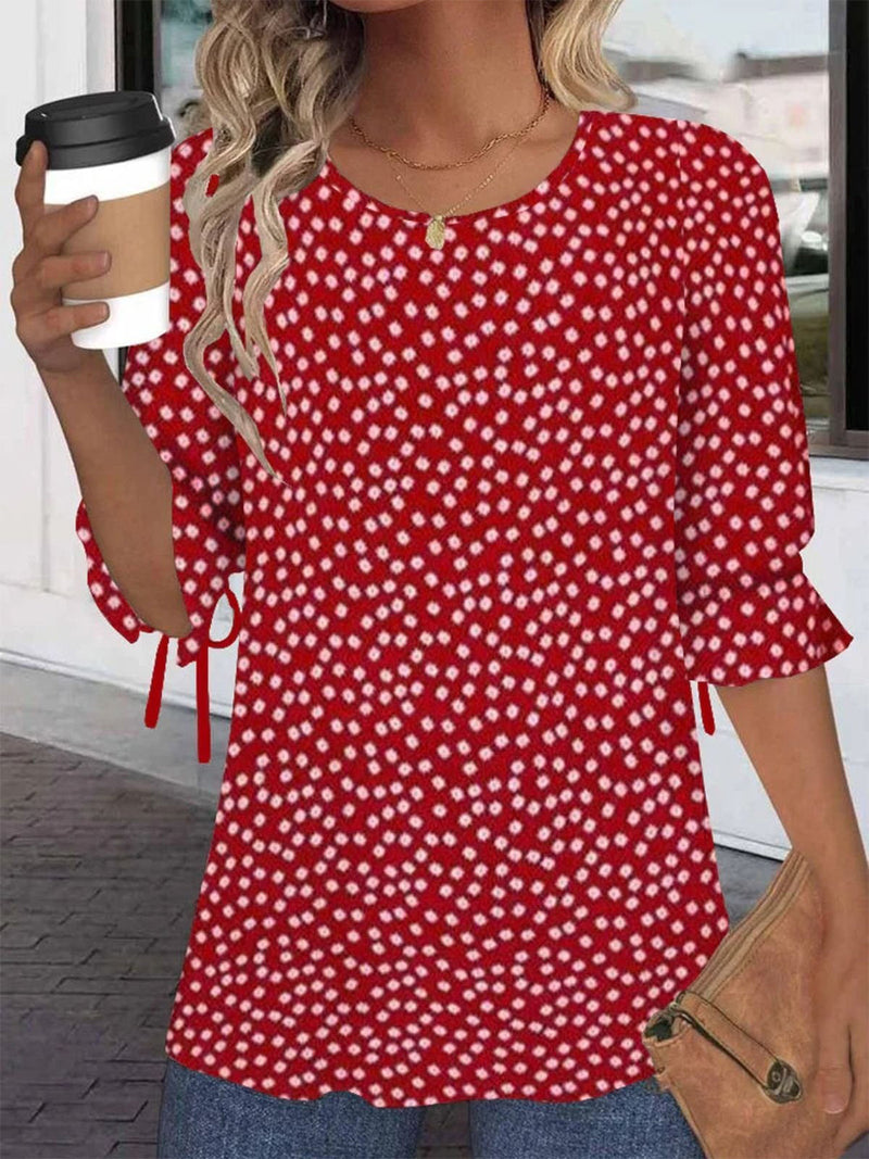 Red Crew Neck Half Sleeve Relaxed Blouse for Women