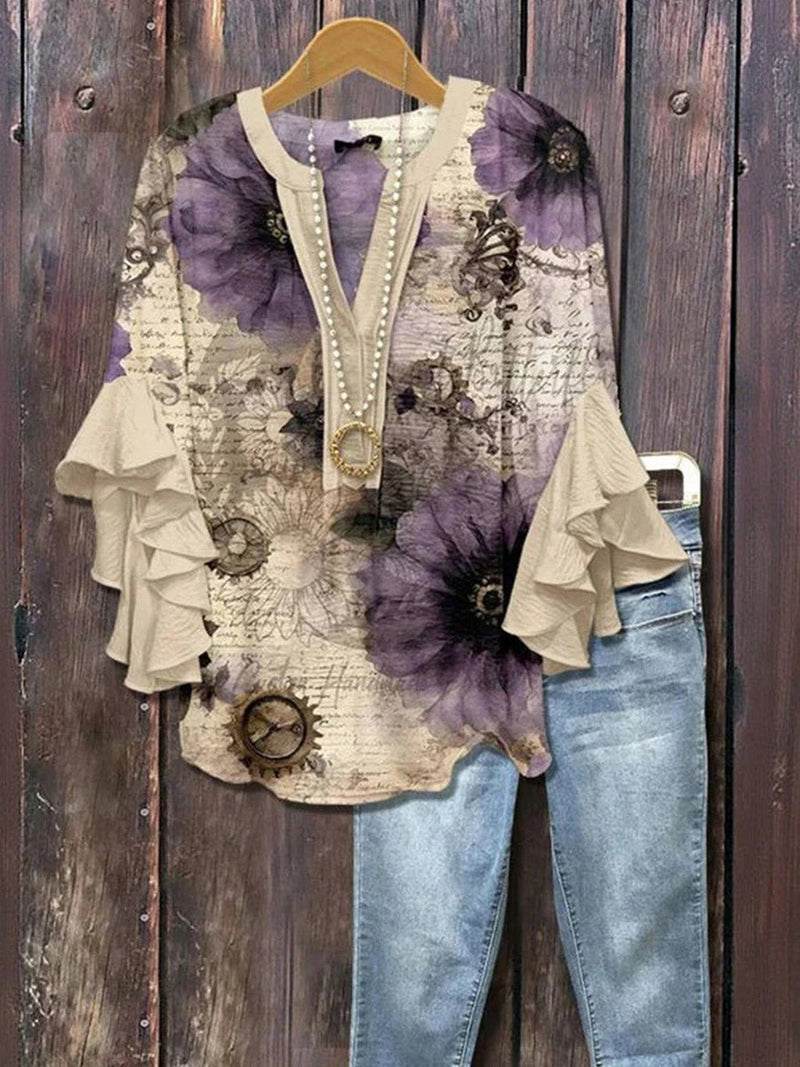 Vintage Floral Print V-Neck Half Sleeve Blouse for Women
