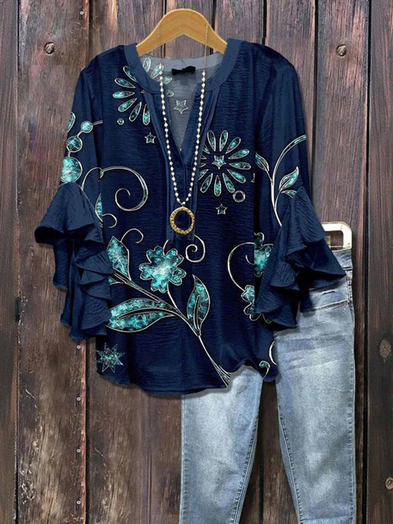 Vintage Floral Print V-Neck Half Sleeve Blouse for Women