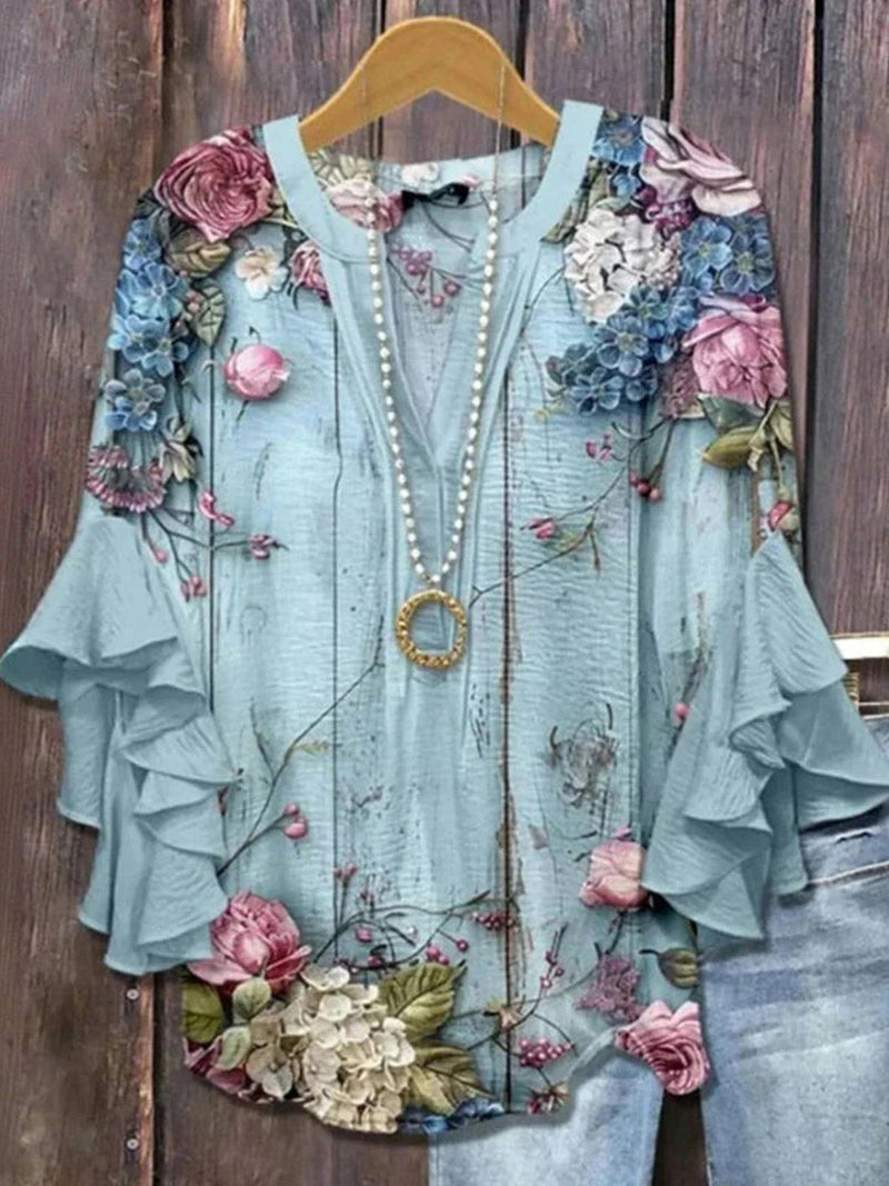 Vintage Floral Print V-Neck Half Sleeve Blouse for Women