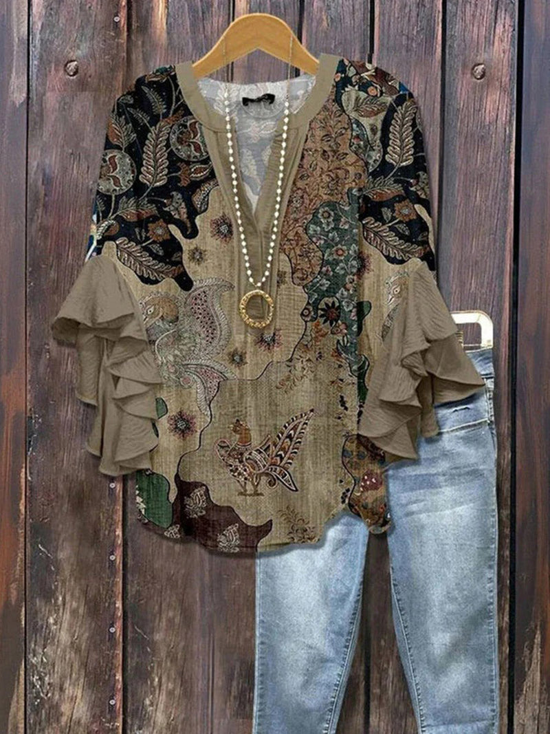 Vintage Casual V-Neck Half Sleeve Blouse for Women