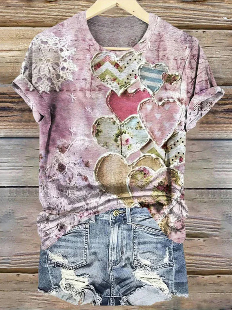 Casual Heart Print Round Neck Short Sleeve T-Shirt