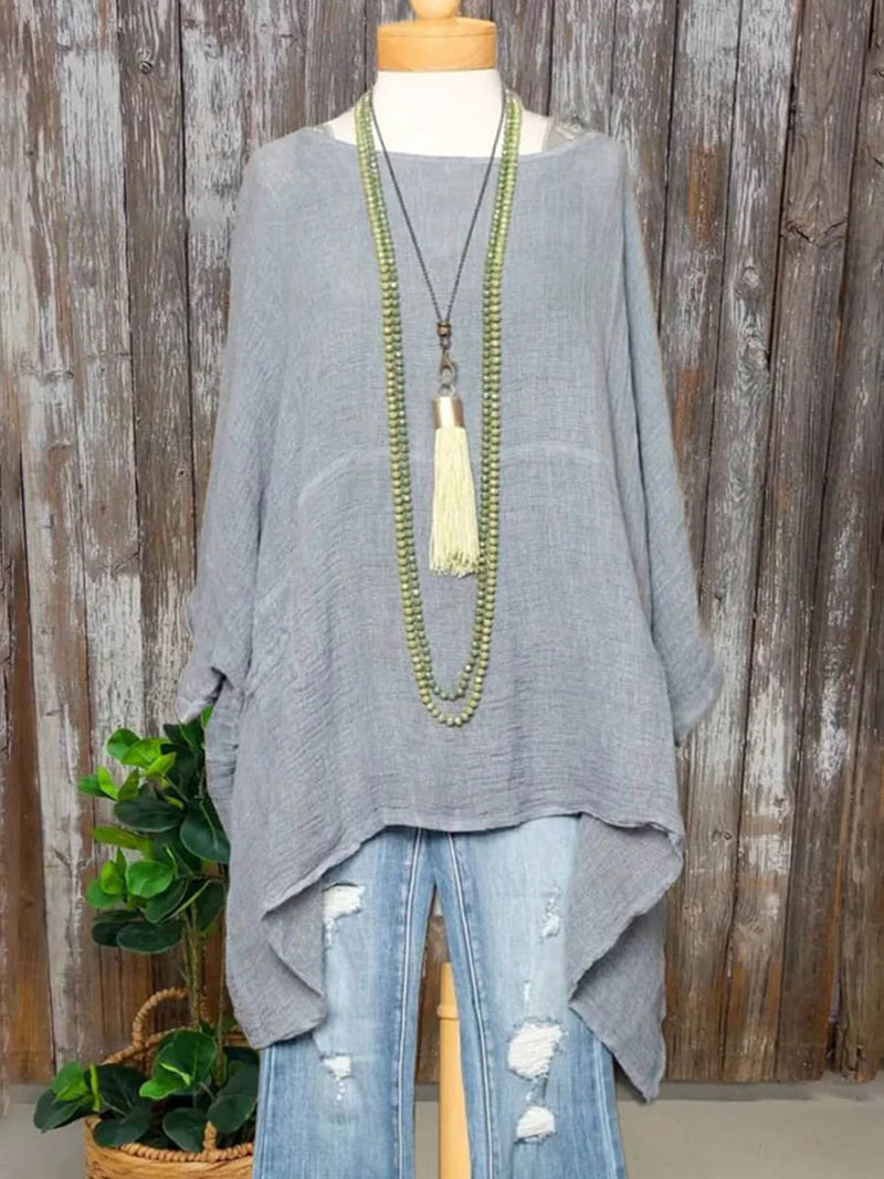 Round Neck Grey Long Sleeve Plain Top