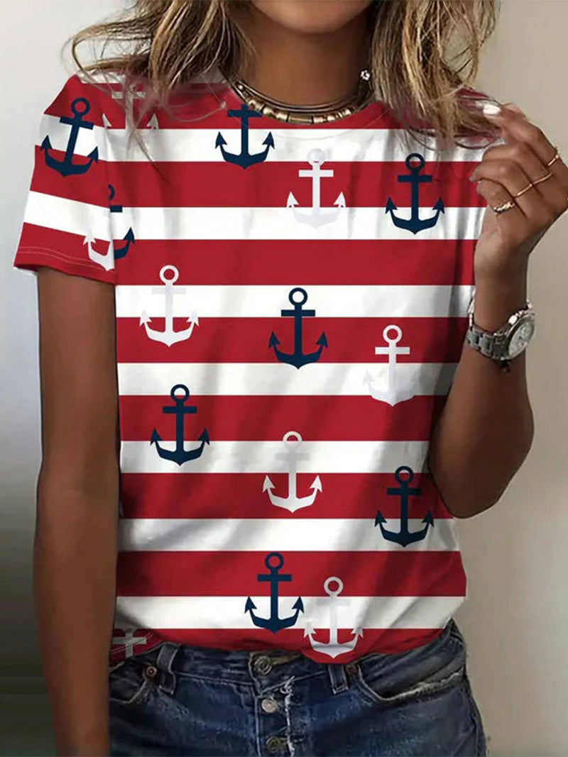 Vintage Round Neck Striped Short Sleeve T-Shirt