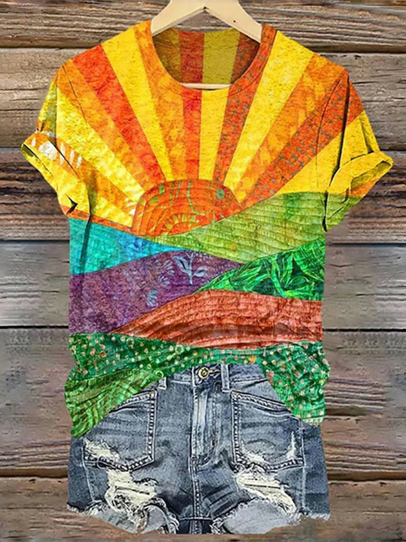 Casual Round Neck Colour Block Short Sleeve T-Shirt