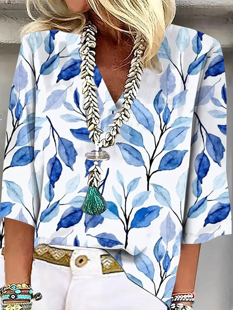 V-Neck Blue 3/4 Sleeve Top