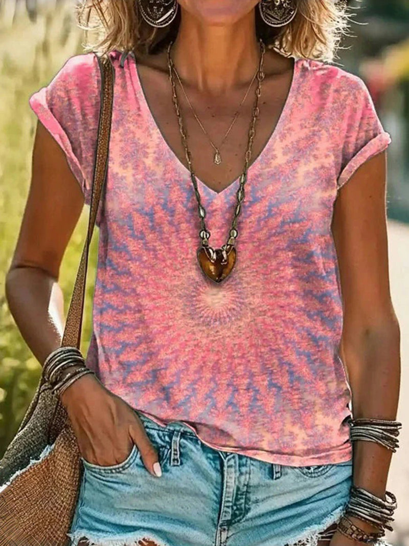 Vintage Gradient V-neck Short Sleeve T-Shirt